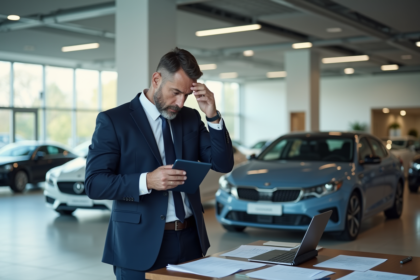 Vendeur de voitures en costume dans un showroom moderne