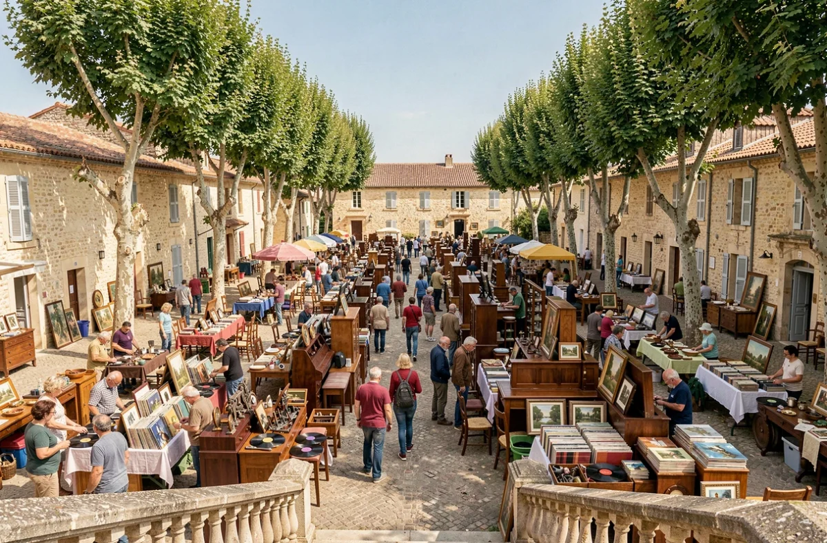 Vue panoramique d'un vide grenier animé sur une place de village en Tarn-et-Garonne