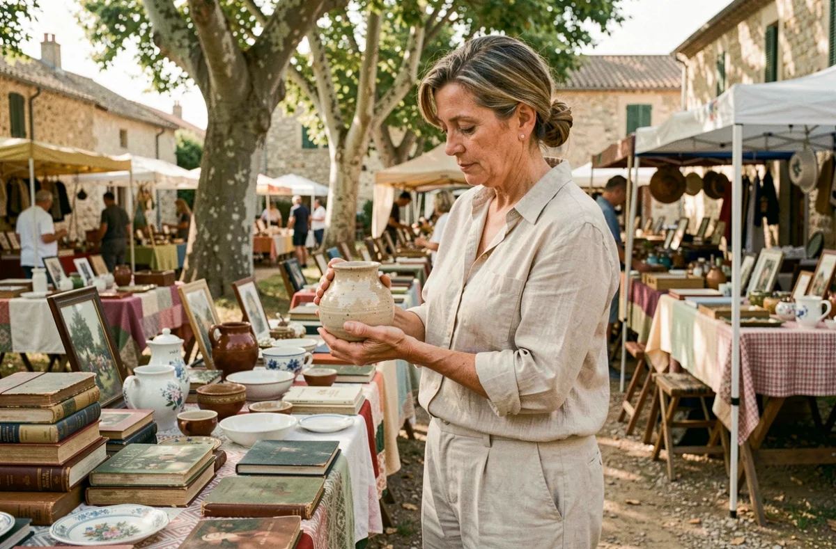 Femme inspectant un vase ancien lors d'un vide grenier en Tarn-et-Garonne