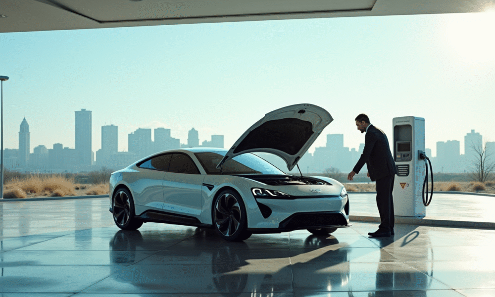 Voiture à hydrogène à une station déserte avec conducteur confus