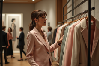 Femme élégante en tailleur pastel dans une boutique de mode